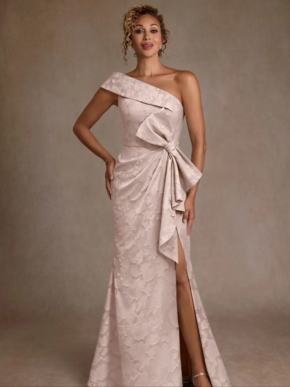 Azazie Blush One-Shoulder Ruffle Wedding Dress